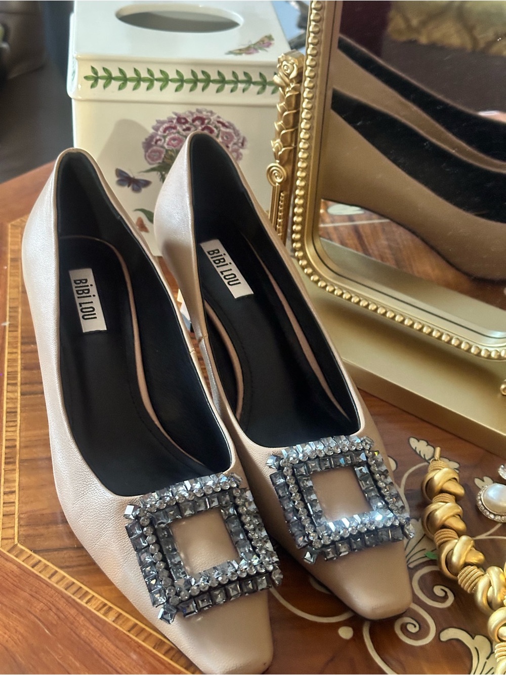 Bibi Lou Nude Jeweled Square-Toe Low Heel Pumps